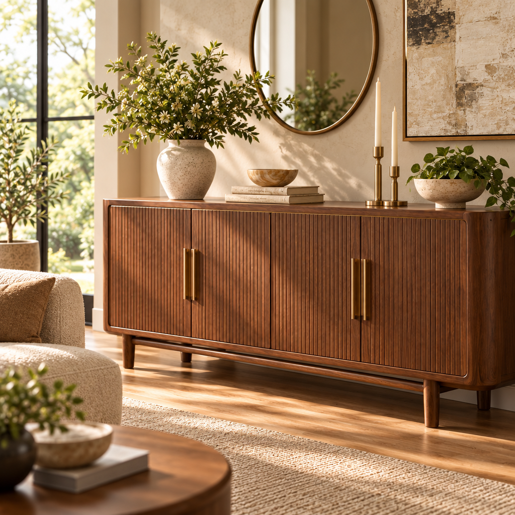Quandbx™ Fluted Walnut-Tone Buffet Sideboard